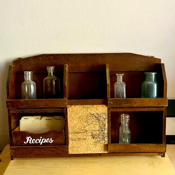 Vintage Other - VTG Wooden Hanging Spice Rack Glass Bottles recipe cards Cottagecore farmhouse